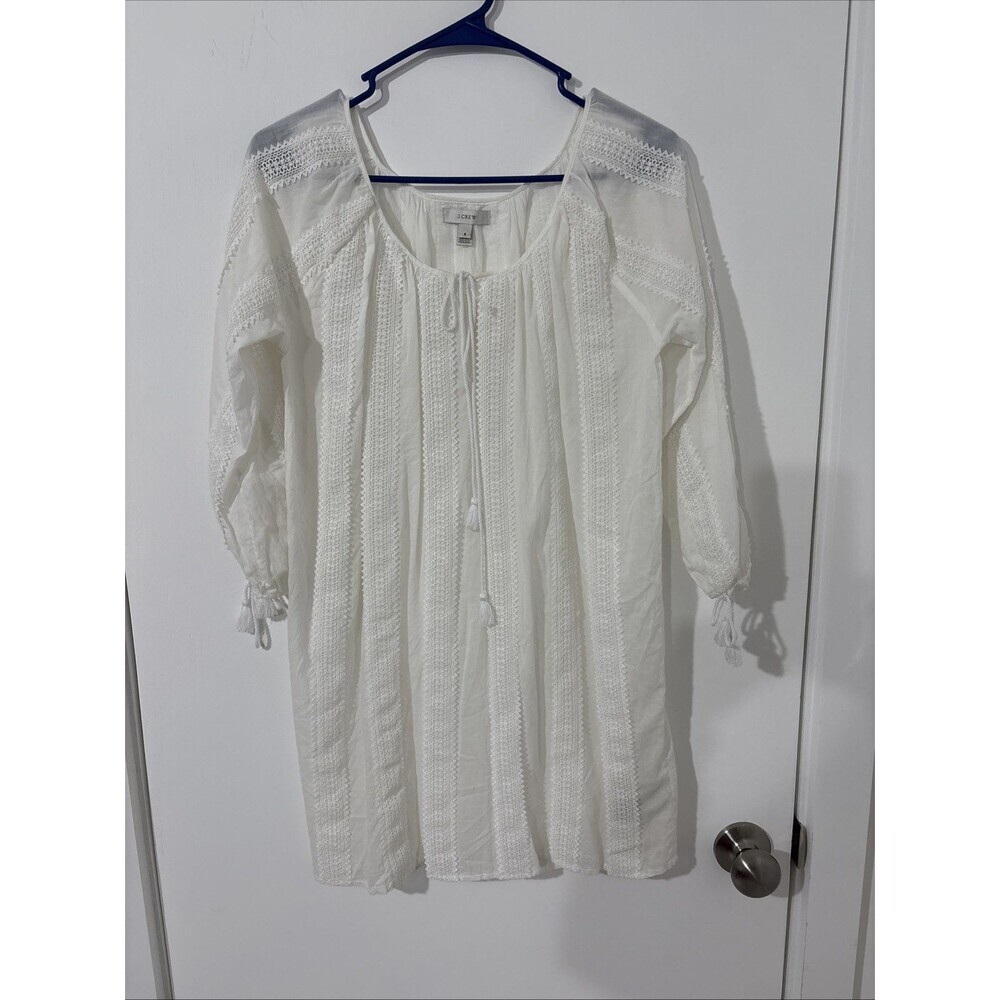 New J‎ Crew White Long Sleeve Cotton Boho Dress Lace Trim Small